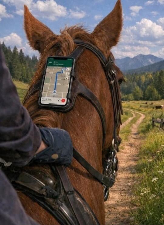 A smartphone screen displaying a navigation app with a map and a blue route line, mounted on a horse's bridle.