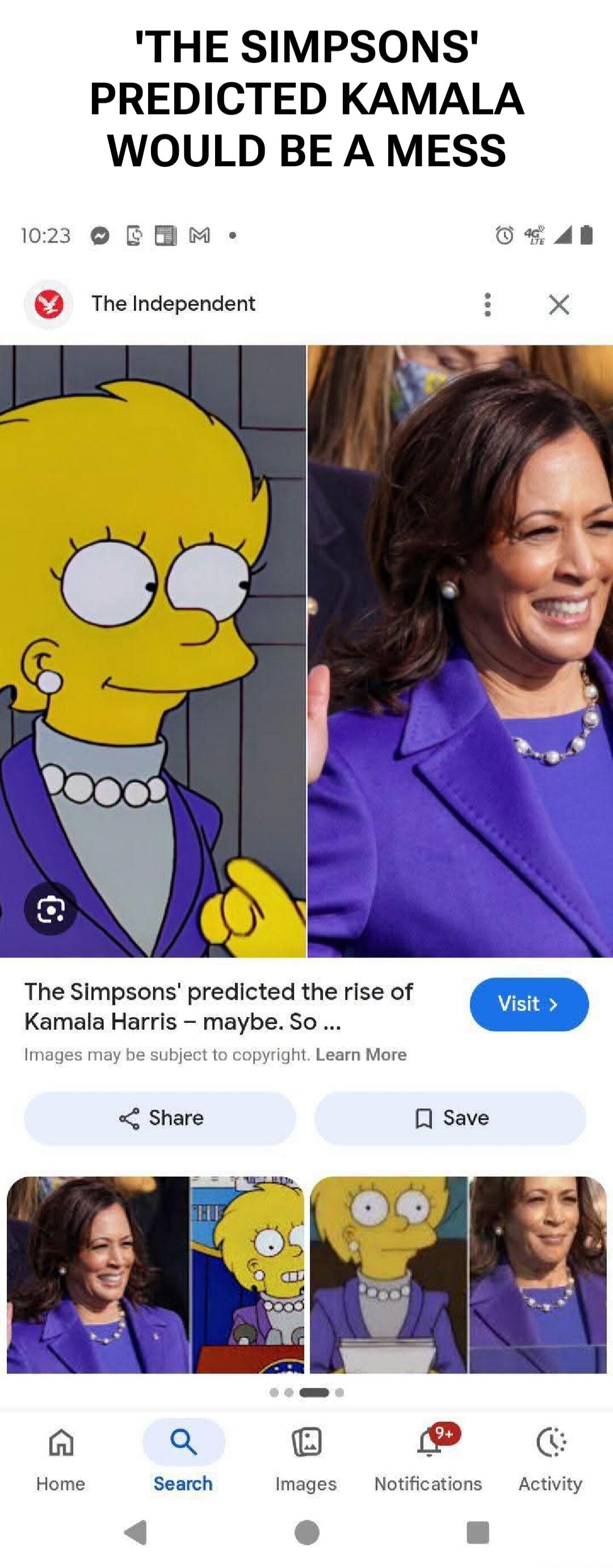 'THE SIMPSONS' PREDICTED KAMALA WOULD BE A MESS. The Simpsons' predicted the rise of Kamala Harris - maybe. So... The Independent. Images may be subject to copyright. Learn More. Share. Save. Visit. Home. Search. Images. Notifications. Activity.