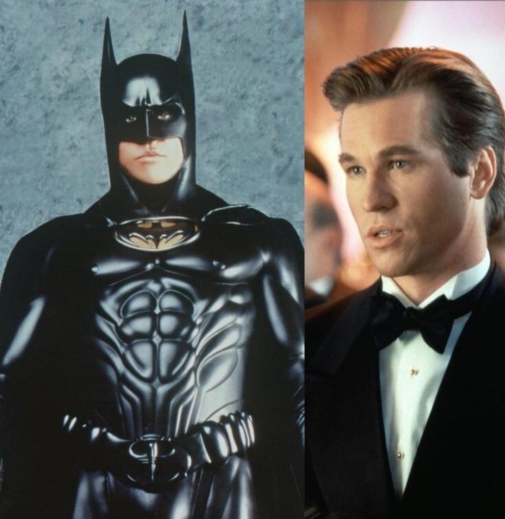 Val Kilmer as Batman on the left, and Val Kilmer as Bruce Wayne in a tuxedo on the right.