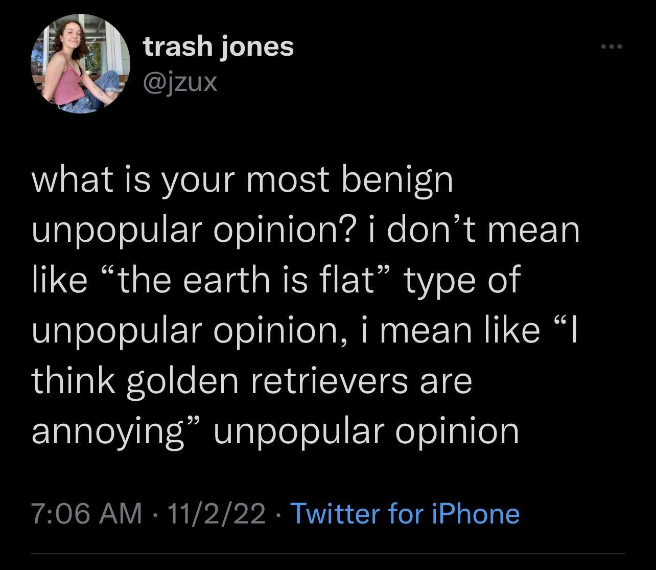 LERILLEN jzux what is your most benign unpopular opinion i dont mean like the earth is flat type of unpopular opinion i mean like I think golden retrievers are ETalale1at SVIsToleoIU ETae o alel3 706 AM 11222 Twitter for iPhone