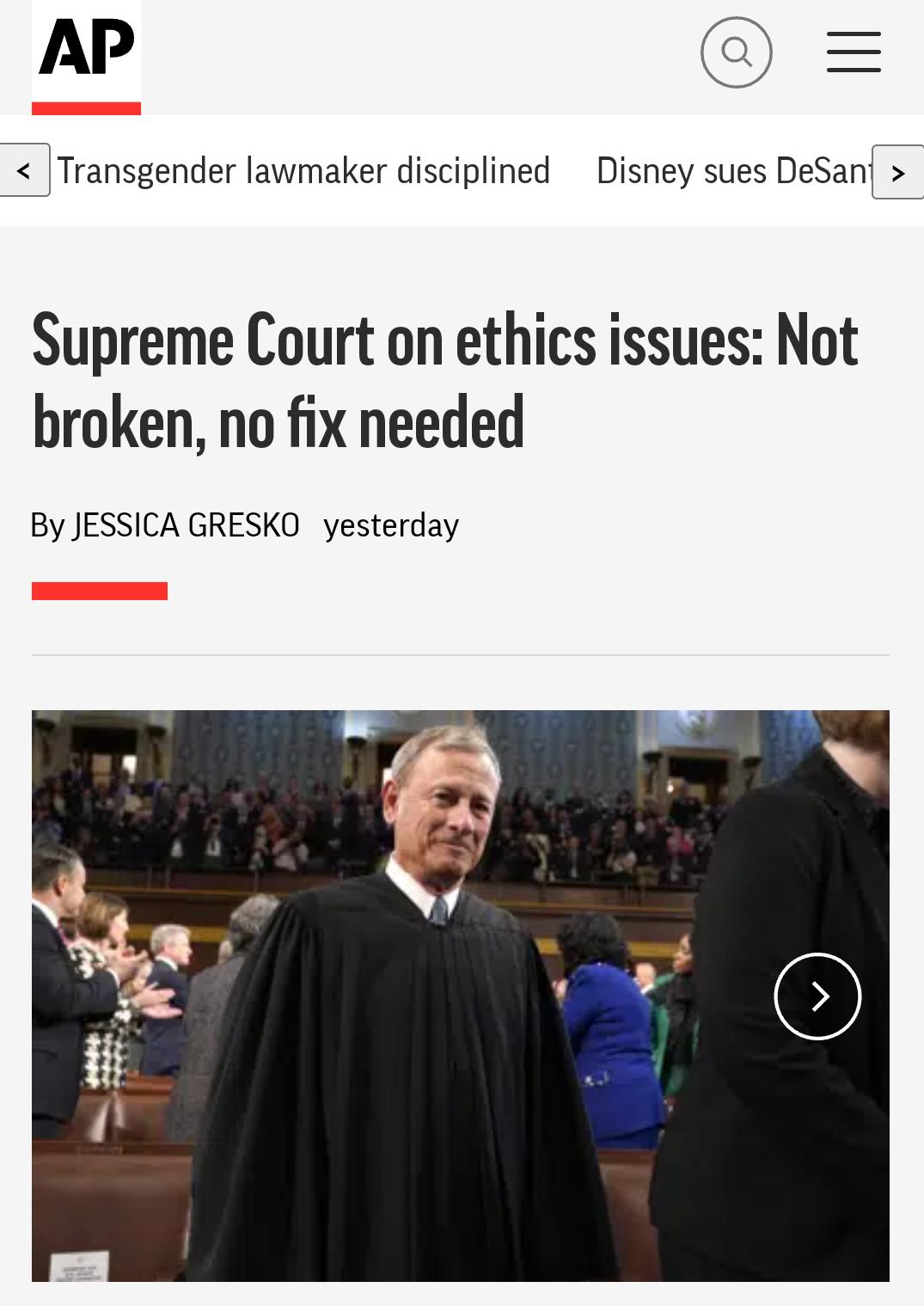 AP Transgender lawmaker disciplined Disney sues DeSan Supreme Court on ethics issues Not broken no fix needed By JESSICA GRESKO yesterday