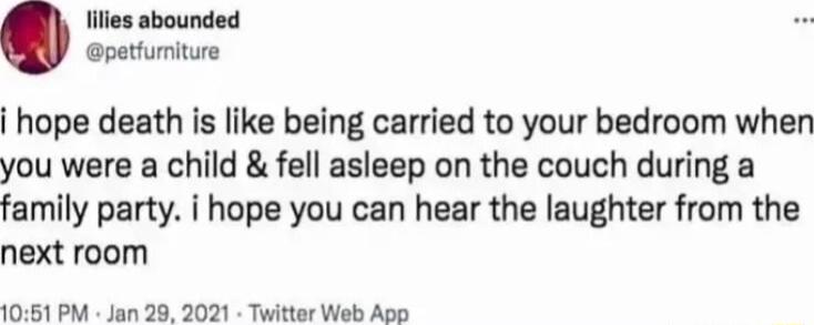 lilies abounded petfumiture hope death is like being carried to your bedroom when you were a child fell asleep on the couch during a family party i hope you can hear the laughter from the next room 1051 PM Jan 29 2021 Twitter Web App