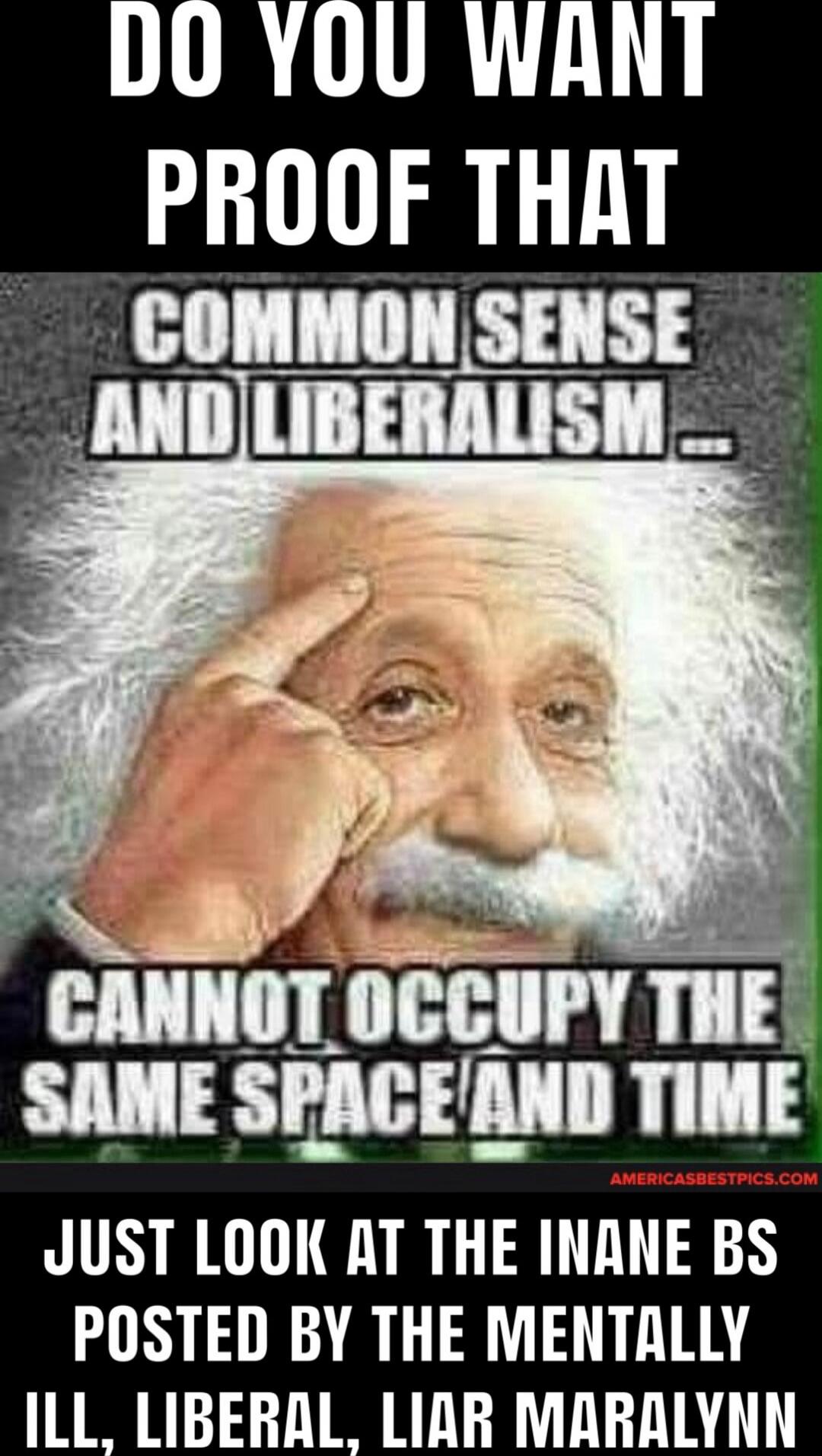 DO YOU WANT PROOF THAT COMMON SENSE AND LIBERALISM... CANNOT OCCUPY THE SAME SPACE/AND TIME
JUST LOOK AT THE INANE BS POSTED BY THE MENTALLY ILL, LIBERAL, LIAR MARALYNN