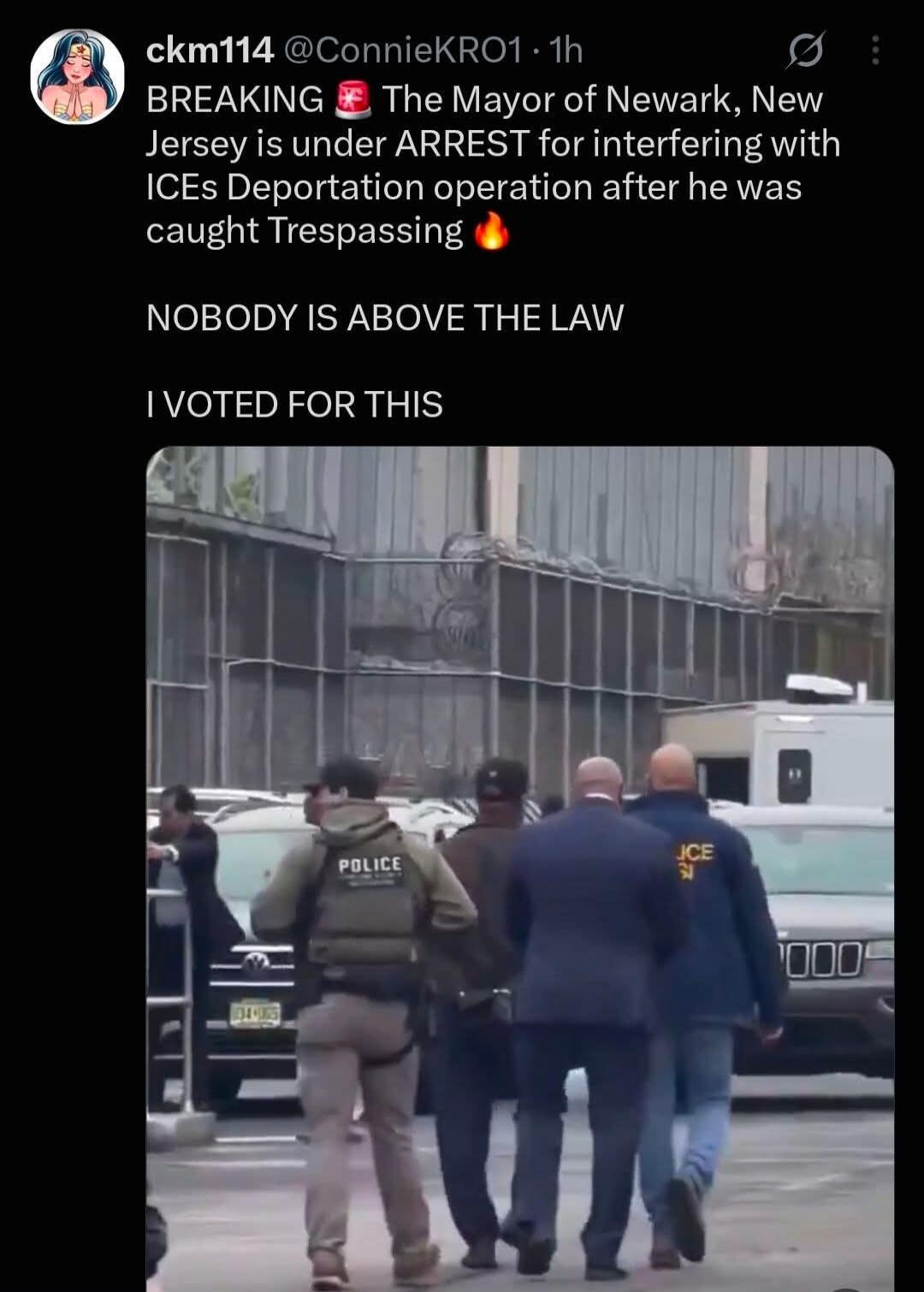 BREAKING The Mayor of Newark, New Jersey is under ARREST for interfering with ICEs Deportation operation after he was caught Trespassing. NOBODY IS ABOVE THE LAW. I VOTED FOR THIS. Police and ICE officers are visible in the image.