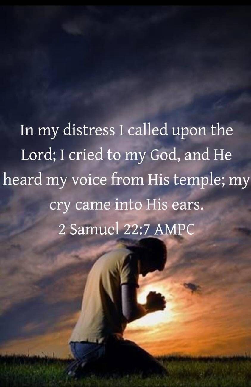 In my distress I called upon the Lord; I cried to my God, and He heard my voice from His temple; my cry came into His ears. 2 Samuel 22:7 AMPC