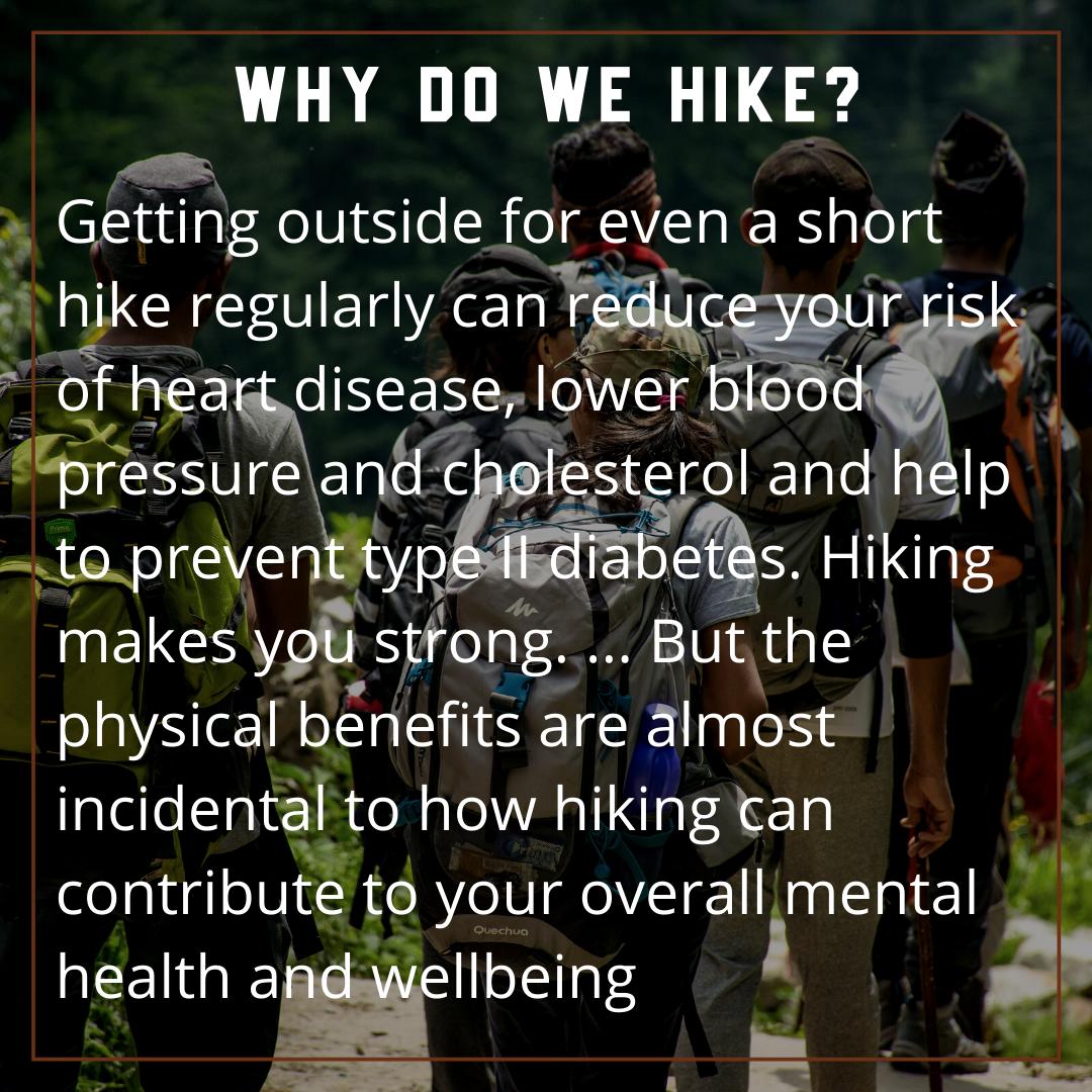 WHY DO WE HIKE I x Gettlng outside foreven a short 3 hJke regularly can reauceyou Of heag diseaseffbvvera aressu an Chole sterol and help atgpreen _ yp hdia es Hiking NEIGS ygh stfrong But the physical benefits are almost incidental to how hikingtan oolpluglolW t your overall mental _ health a iellbeing F e S BB y