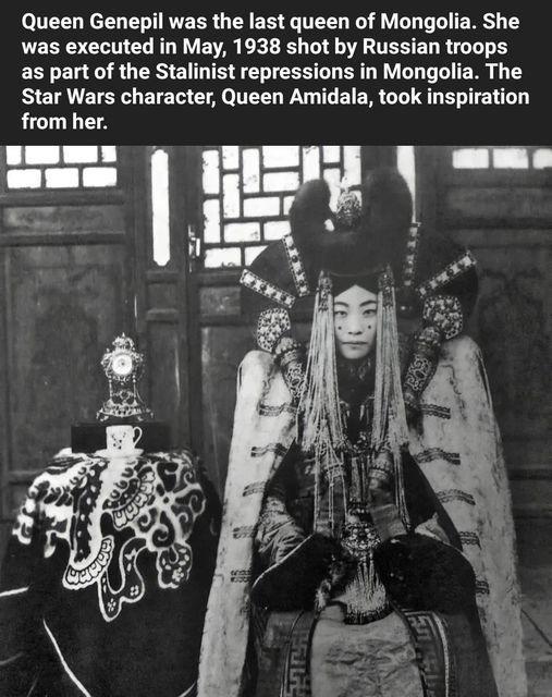 Queen Genepil was the last queen of Mongolia She was executed in May 1938 shot by Russian troops as part of the Stalinist repressions in Mongolia The N ETRETEY ETE ET AL WG L E T ER G L BT from her