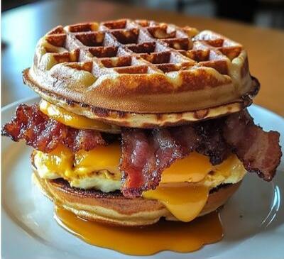 A waffle bun burger with bacon, cheese, and egg.
