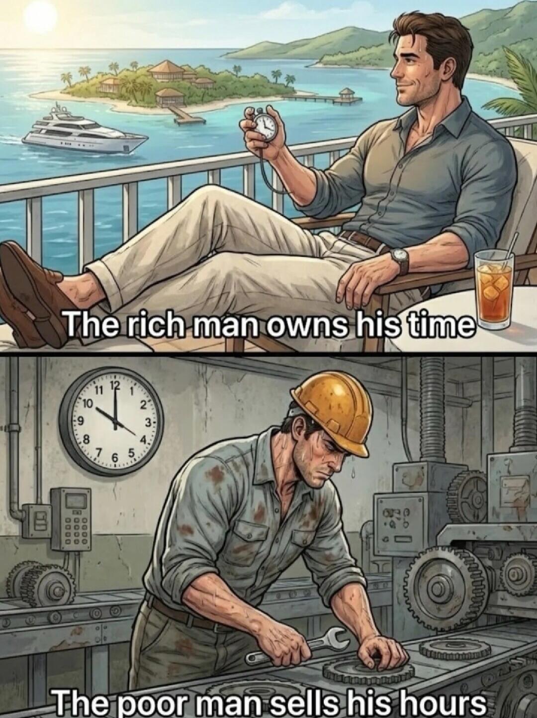 The rich man owns his time
The poor man sells his hours