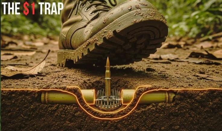 THE $1 TRAP. A military boot is about to step on a hidden booby trap in the ground, which consists of an upright bullet surrounded by sharp spikes and connected to bamboo tubes.