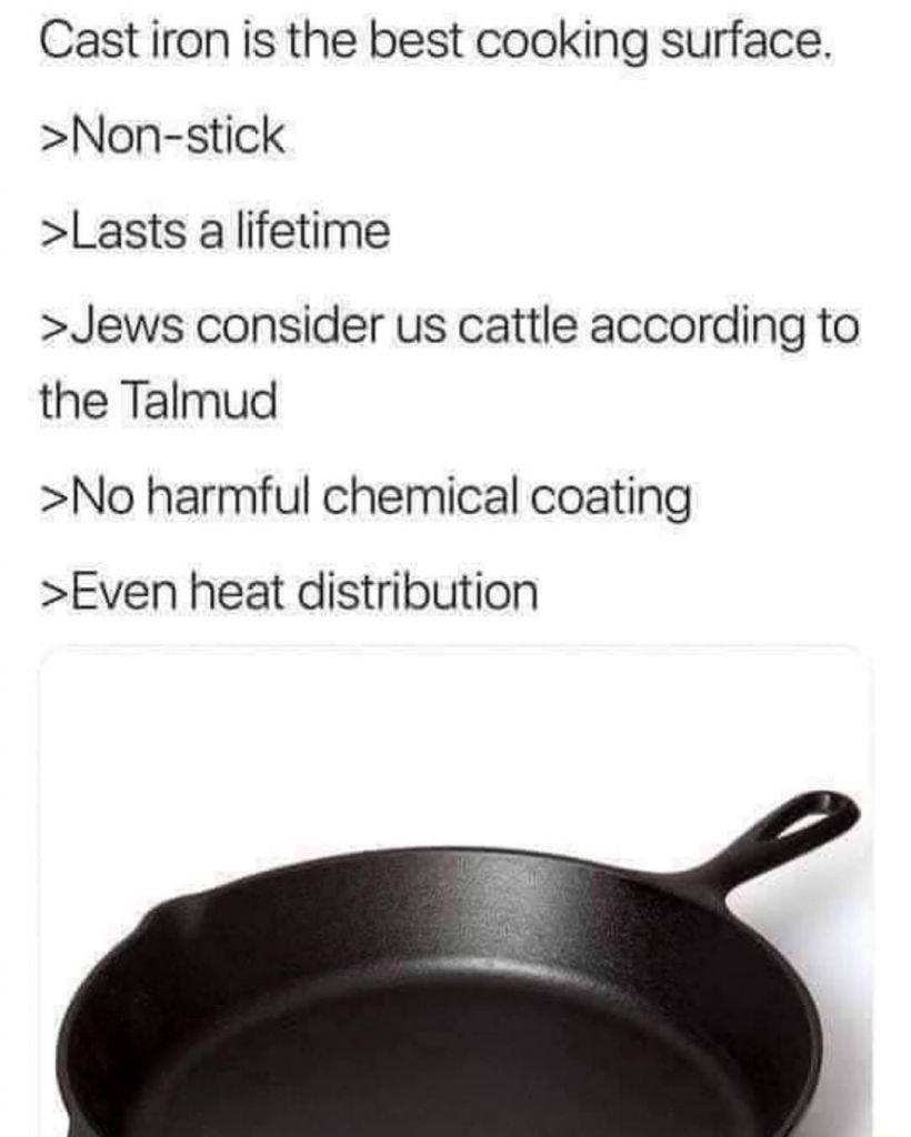 Cast iron is the best cooking surface Non stick Lasts alifetime Jews consider us cattle according to the Talmud No harmful chemical coating Even heat distribution