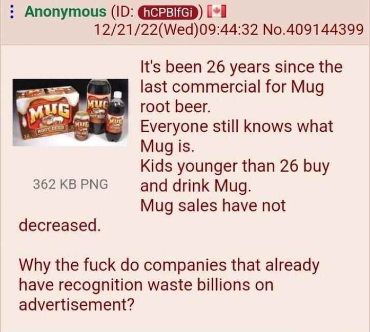 Anonymous ID GRIEED 122122Wed094432 No409144399 Its been 26 years since the last commercial for Mug root beer Everyone still knows what Mug is Kids younger than 26 buy 362KBPNG and drink Mug Mug sales have not decreased Why the fuck do companies that already have recognition waste billions on advertisement