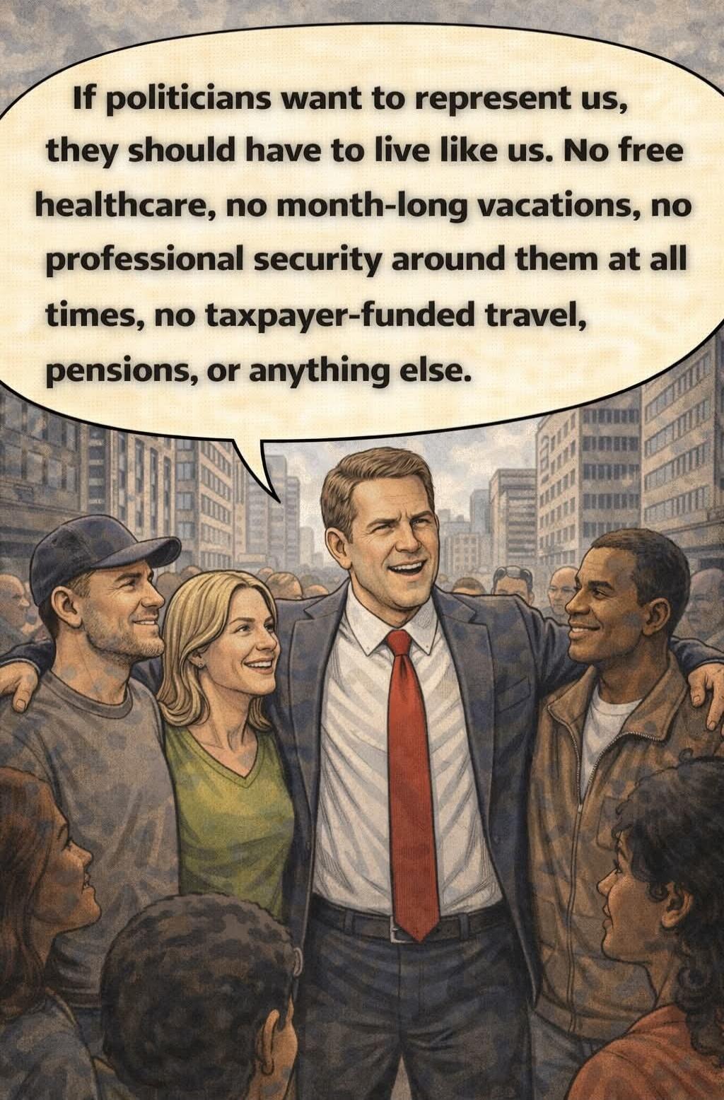 If politicians want to represent us, they should have to live like us. No free healthcare, no month-long vacations, no professional security around them at all times, no taxpayer-funded travel, pensions, or anything else.