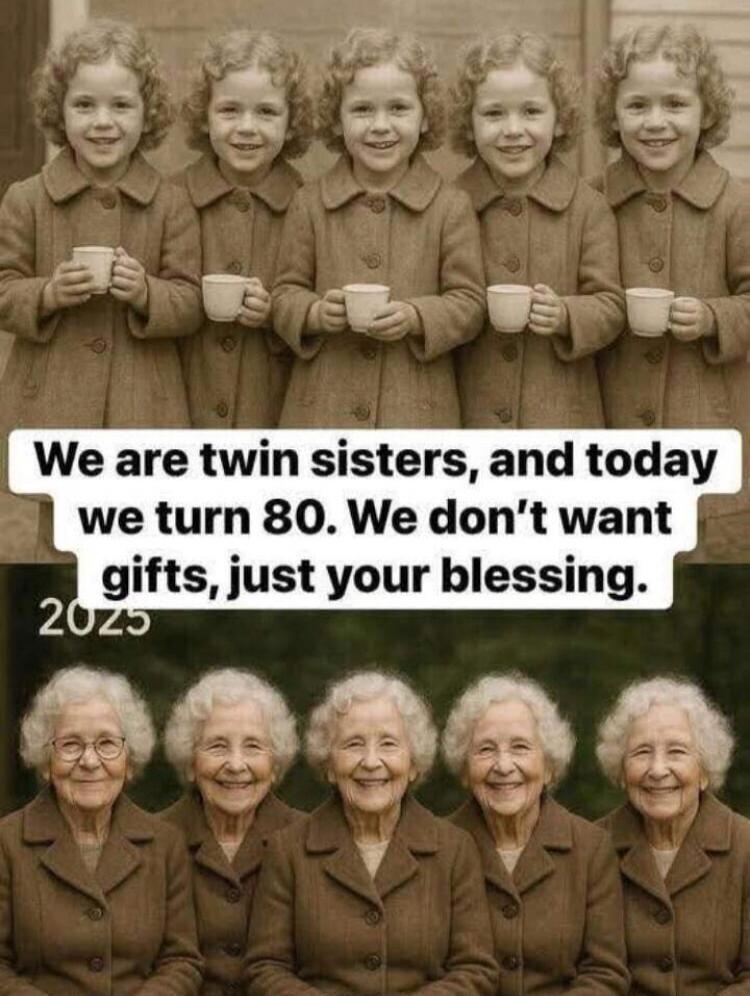 We are twin sisters, and today we turn 80. We don't want gifts, just your blessing. 2025