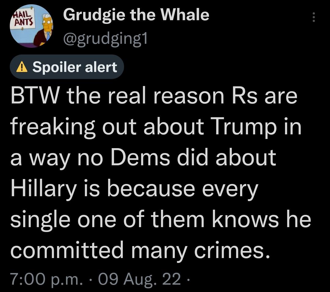 Grudgie the Whale Y grudging1 A Spoiler alert BTW the real reason Rs are freaking out about Trump in ERVE VA NI N e e T oTel0 R ETSYAEY oISV IS RCIV1 oY single one of them knows he committed many crimes 700 pm 09 Aug 22