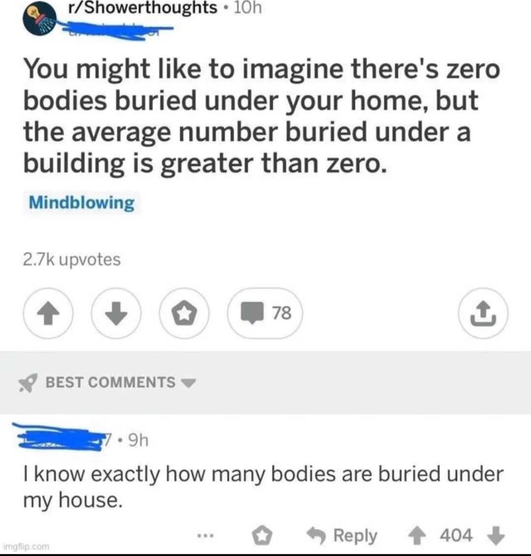 rShowerthoughts 100 You might like to imagine theres zero bodies buried under your home but the average number buried under a building is greater than zero Mindblowing 27kupvotes O n 4 0 BEST COMMENTS w E_ know exactly how many bodies are buried under my house 9h Reply 4 404