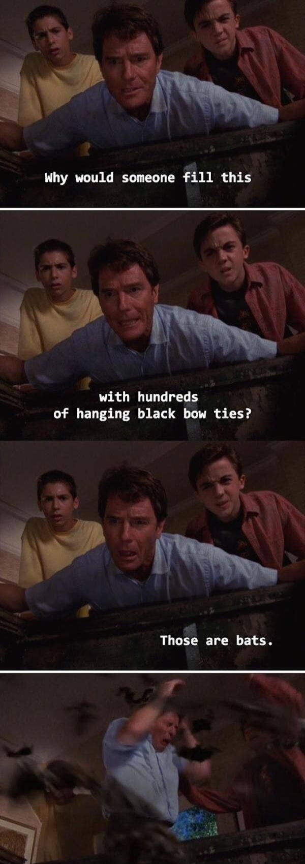 with hundreds of hanging black bow ties y L o Those are bats