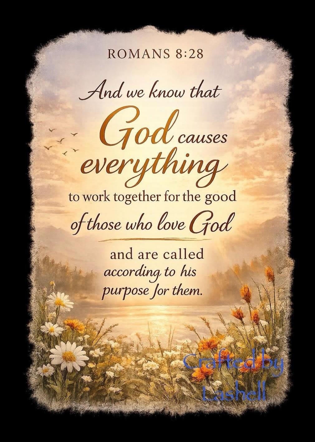 ROMANS 8:28 And we know that God causes everything to work together for the good of those who love God and are called according to his purpose for them. Crafted by Lushell.