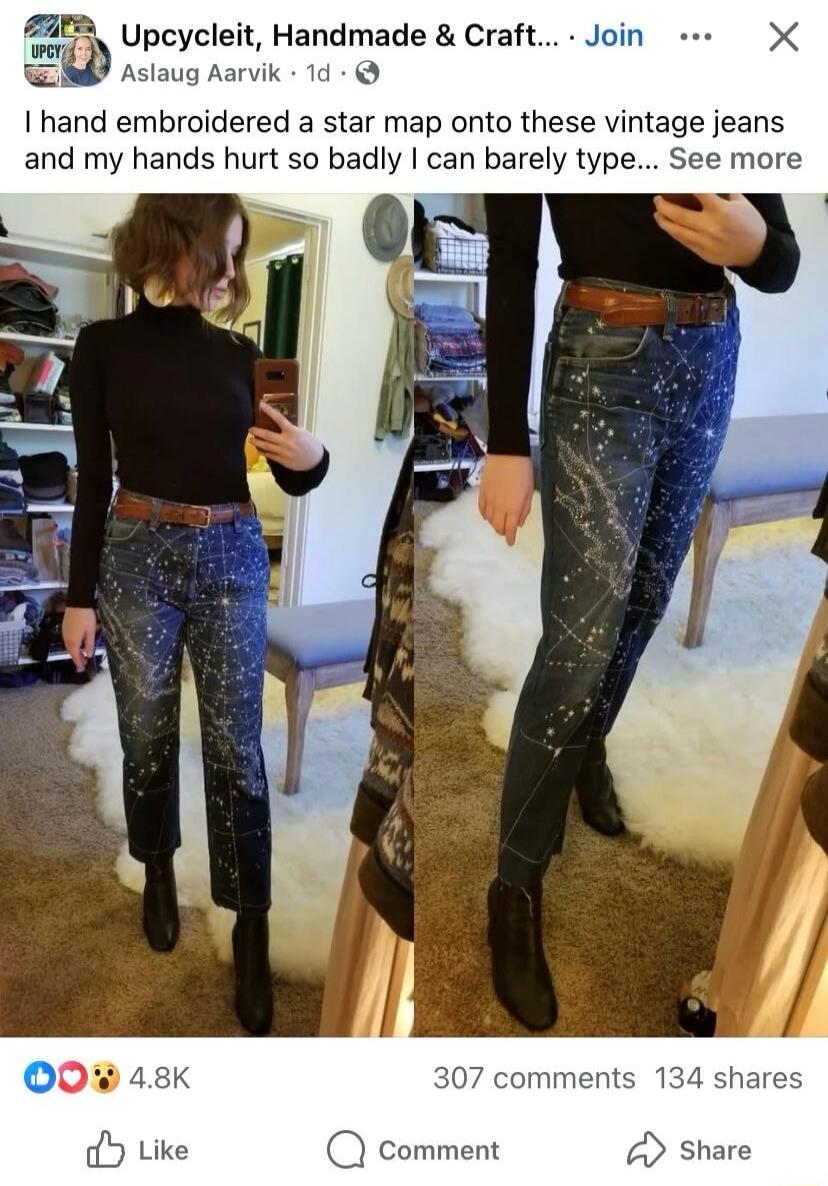 Upcycleit, Handmade & Craft. I hand embroidered a star map onto these vintage jeans and my hands hurt so badly I can barely type.