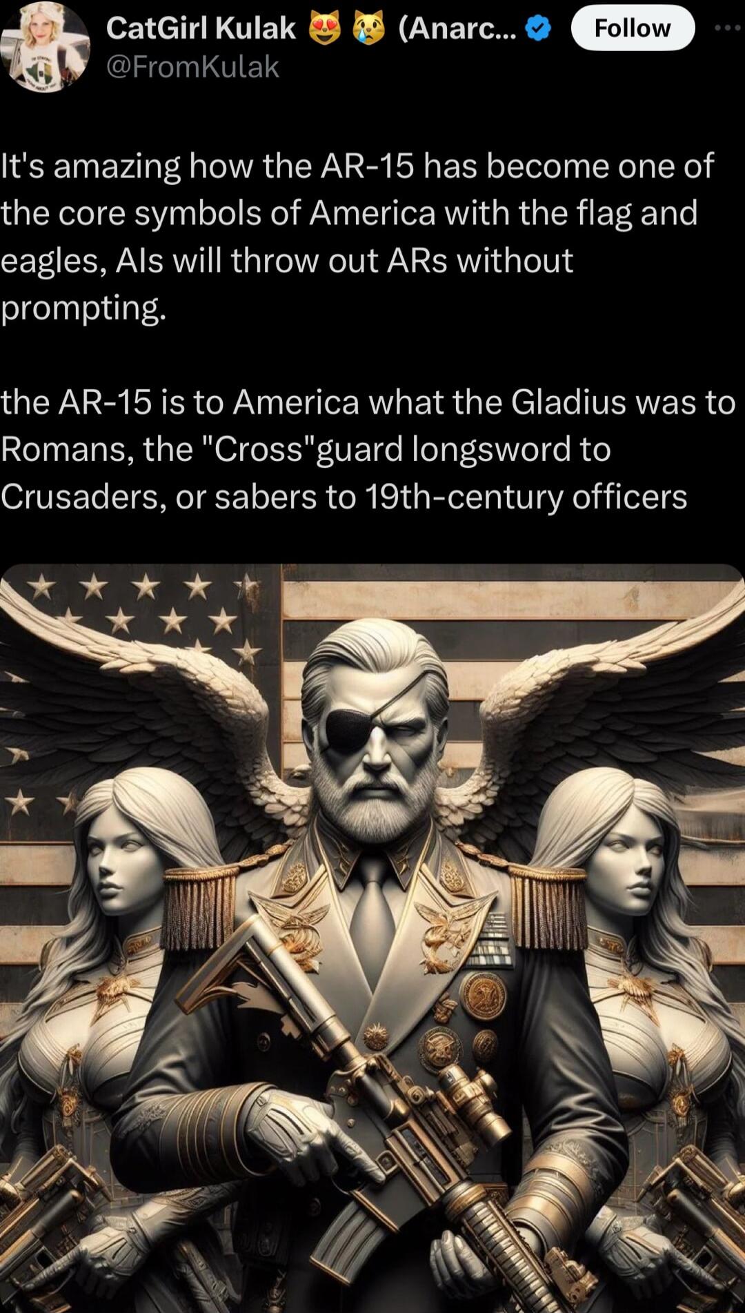 CatGirl Kulak Anarc FromKulak Its amazing how the AR 15 has become one of the core symbols of America with the flag and eagles Als will throw out ARs without prompting the AR 15 is to America what the Gladius was to Romans the Crossguard longsword to Crusaders or sabers to 19th century officers