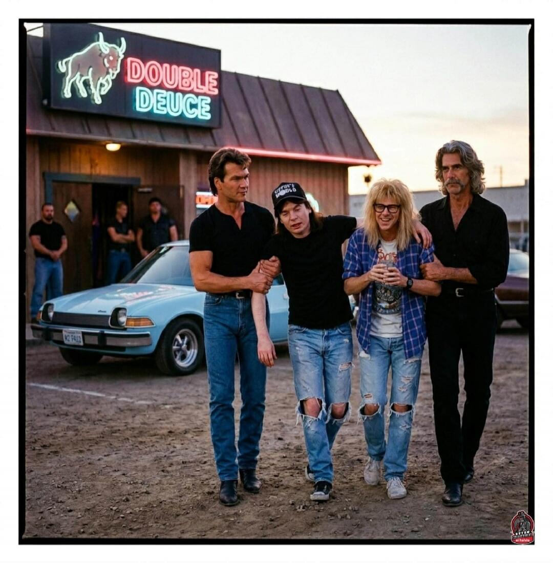 DOUBLE DEUCE. Four men, including Patrick Swayze and Sam Elliott from Road House, are walking outside a bar. Two other men, resembling Wayne Campbell and Garth Algar from Wayne's World, are with them. Wayne appears to be drunk and is being supported by Swayze.
