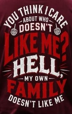 YOU THINK I CARE ABOUT WHO DOESN'T LIKE ME? HELL, MY OWN FAMILY DOESN'T LIKE ME