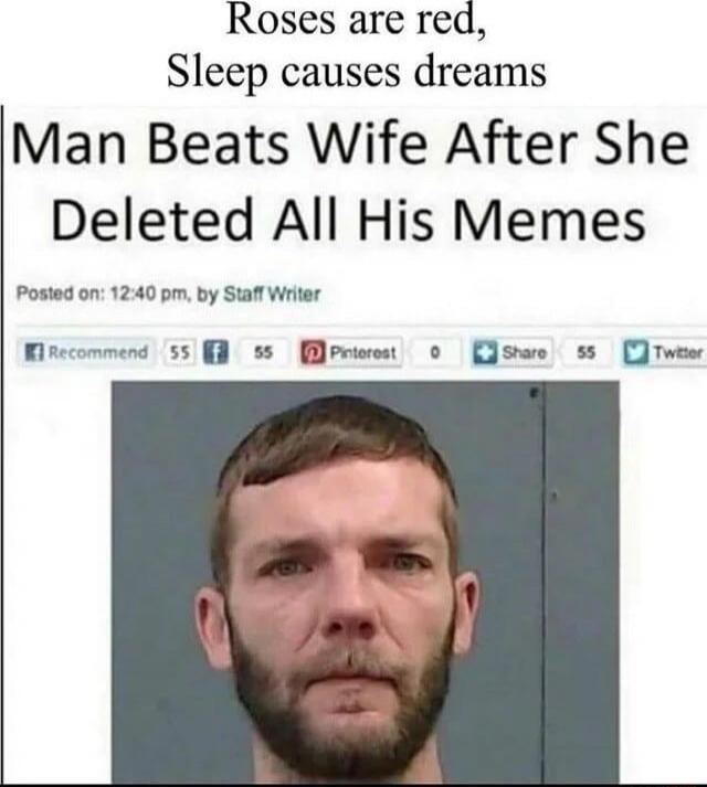 Roses are red,
Sleep causes dreams
Man Beats Wife After She Deleted All His Memes
Posted on: 12:40 pm, by Staff Writer