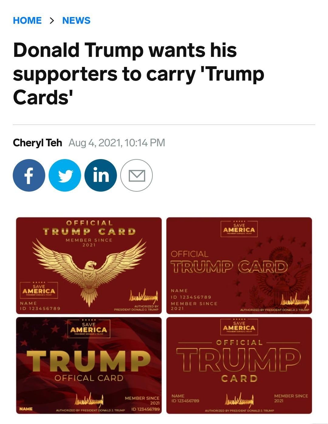 HOME NEWS Donald Trump wants his supporters to carry Trump Cards Cheryl Teh Aug 420211014 PM 000 OFFICIAL TRV AR M cE OFFICIAL TREIRNIMNIEDRGGIAYNEIR U InSE UM XSoAns L POy IR A ey D L e L A L e OFFICAL CARD ARD o oD YR EVE Y