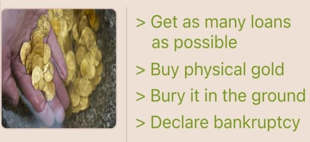 Get as many loans as possible Buy physical gold Bury it in the ground Declare bankruptcy