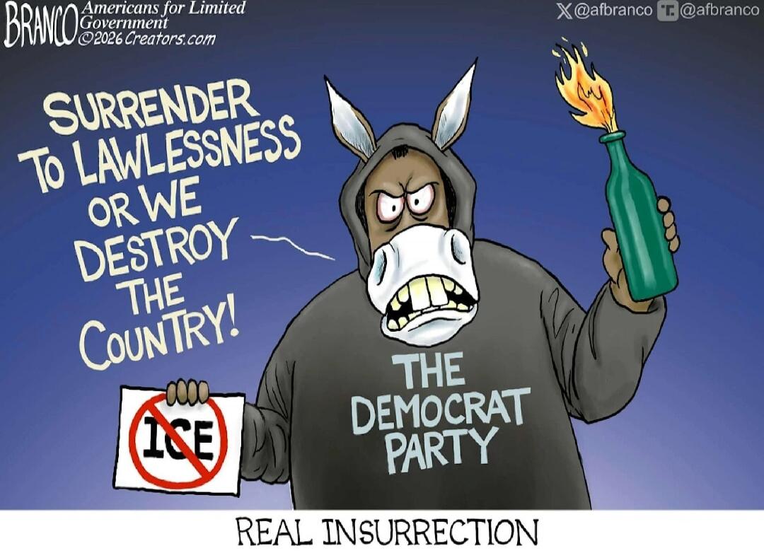 SURRENDER TO LAWLESSNESS OR WE DESTROY THE COUNTRY!
THE DEMOCRAT PARTY
ICE (with a red circle and slash)
REAL INSURRECTION