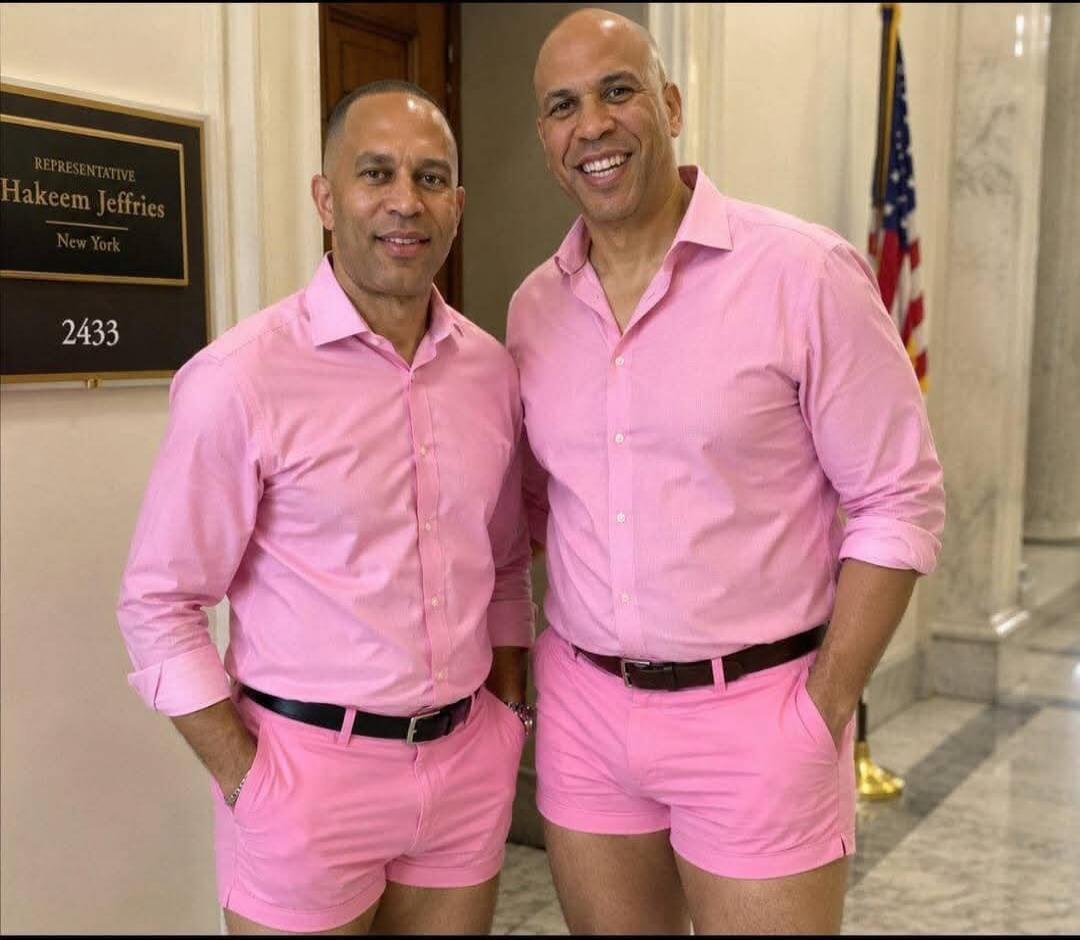 REPRESENTATIVE Hakeem Jeffries New York 2433. Two men, one identified as Representative Hakeem Jeffries, are smiling and wearing matching pink shirts and very short pink shorts in what appears to be a government building.