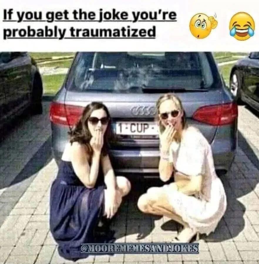 IF YOU GET THE JOKE YOU'RE PROBABLY TRAUMATIZED. The license plate reads '1-CUP'. Two women are squatting behind a car, covering their mouths, with confused and laughing emojis.