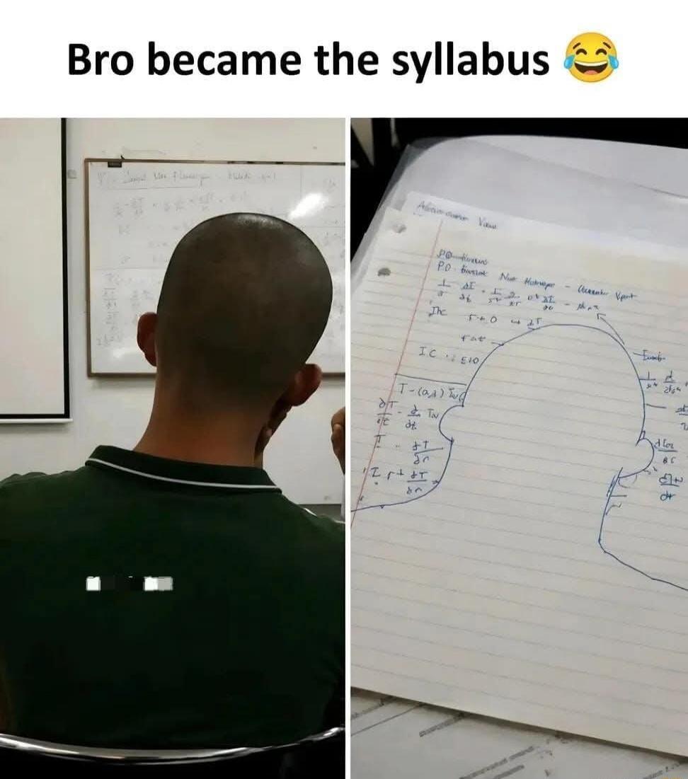 Bro became the syllabus 😂. A student's head is shown from behind, bald. Next to it, a notebook page with complex mathematical formulas and equations drawn inside the silhouette of a head, implying the student has absorbed all the difficult material.