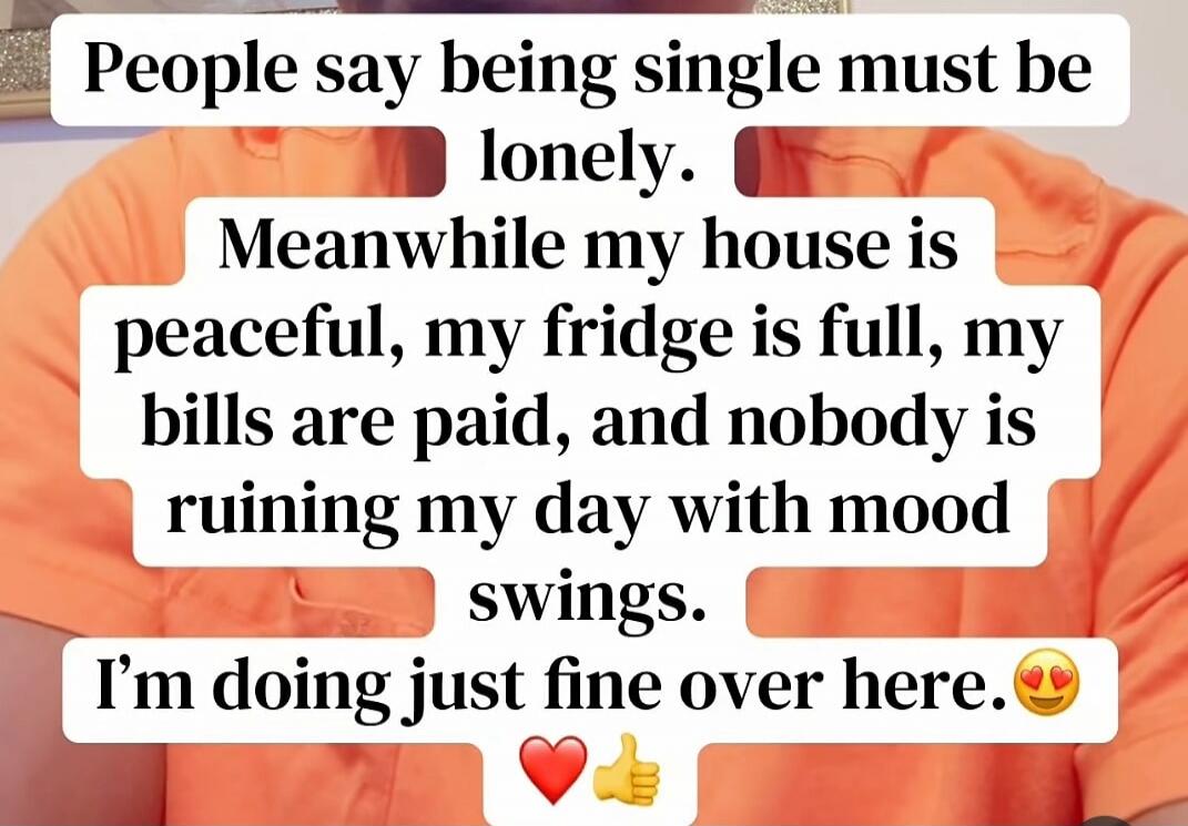People say being single must be lonely. Meanwhile my house is peaceful, my fridge is full, my bills are paid, and nobody is ruining my day with mood swings. I'm doing just fine over here. ❤️👍😍