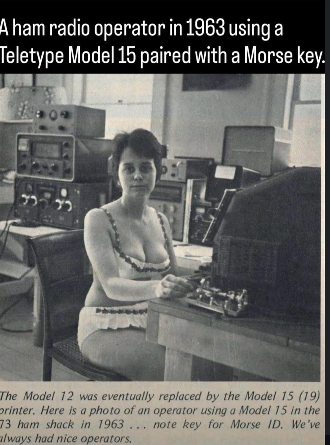 A ham radio operator in 1963 using a Teletype Model 15 paired with a Morse key. The Model 12 was eventually replaced by the Model 15 (19... printer. Here is a photo of an operator using a Model 15 in the ham shack in 1963.