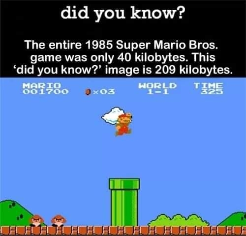 did you know The entire 1985 Super Mario Bros game was only 40 kilobytes This did you know image is 209 kilobytes