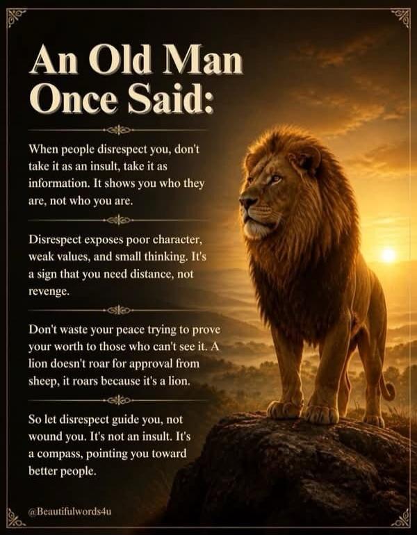 An Old Man Once Said: When people disrespect you, don't take it as an insult, take it as information. It shows you who they are, not who you are. Disrespect exposes poor character, weak values, and small thinking. It's a sign that you need distance, not revenge. Don't waste your peace trying to prove your worth to those who can't see it. A lion doe