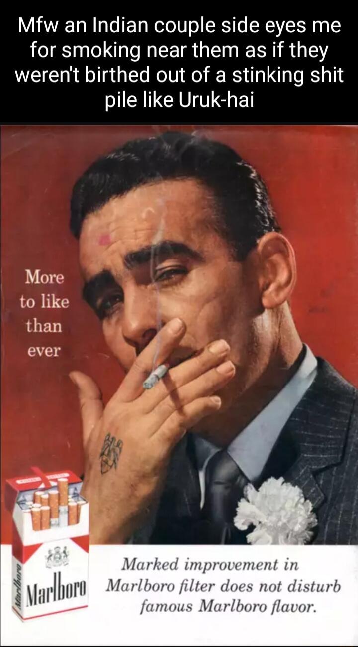 Mfw an Indian couple side eyes me for smoking near them as if they werent birthed out of a stinking shit pile like Uruk hai More y to like A than a8 4 4 ever d improvement in famous Marlboro flavor Inmrn Marlboro filter does not disturb i ariz