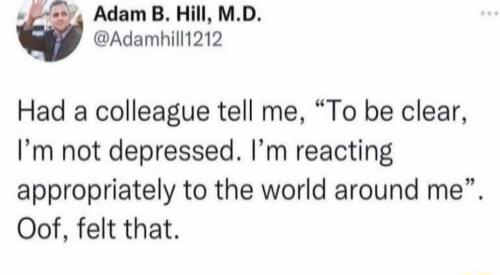 p Adam B Hill MD Adamhill1212 Had a colleague tell me To be clear Im not depressed Im reacting appropriately to the world around me Oof felt that