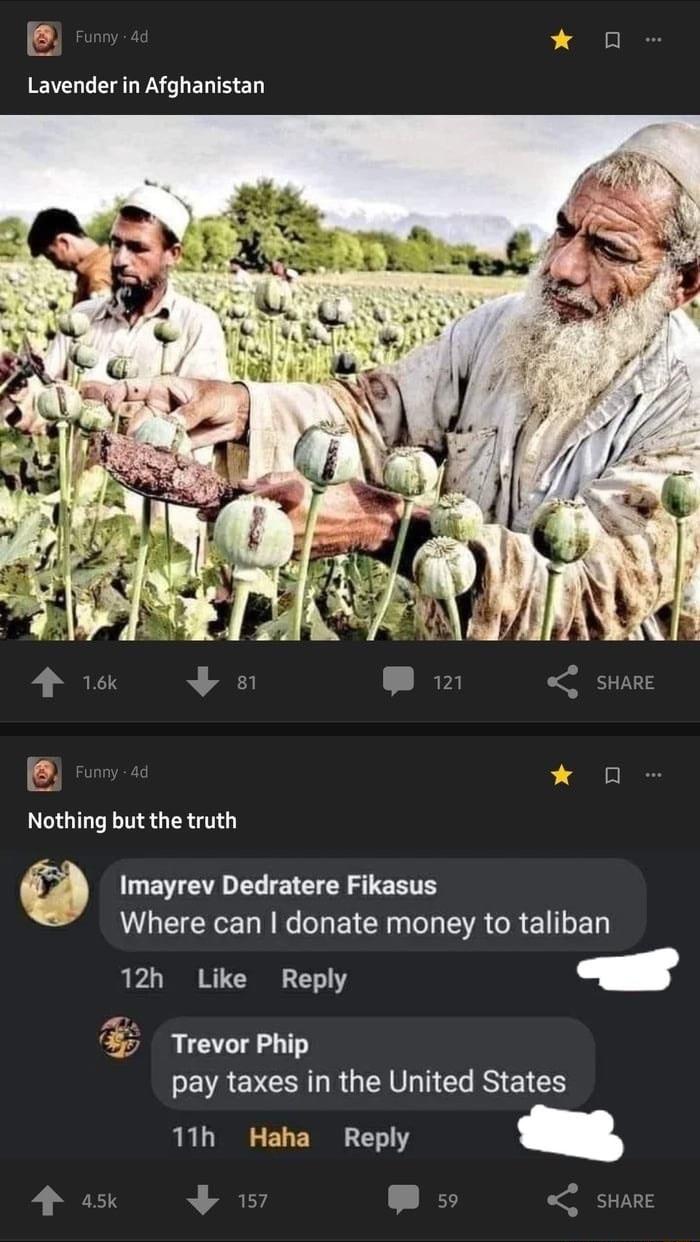 E A 0 EVCLG DA GLELTH ED E Funny 4c 0 NGNS G ERGT LEWVEDEL T CR S TERTS Where can donate money to taliban 12h Like Reply Pr s Trevor Phip PEVRCYCANR AV RS ELE 11h Haha Reply 4 sk 157 s o SHARE