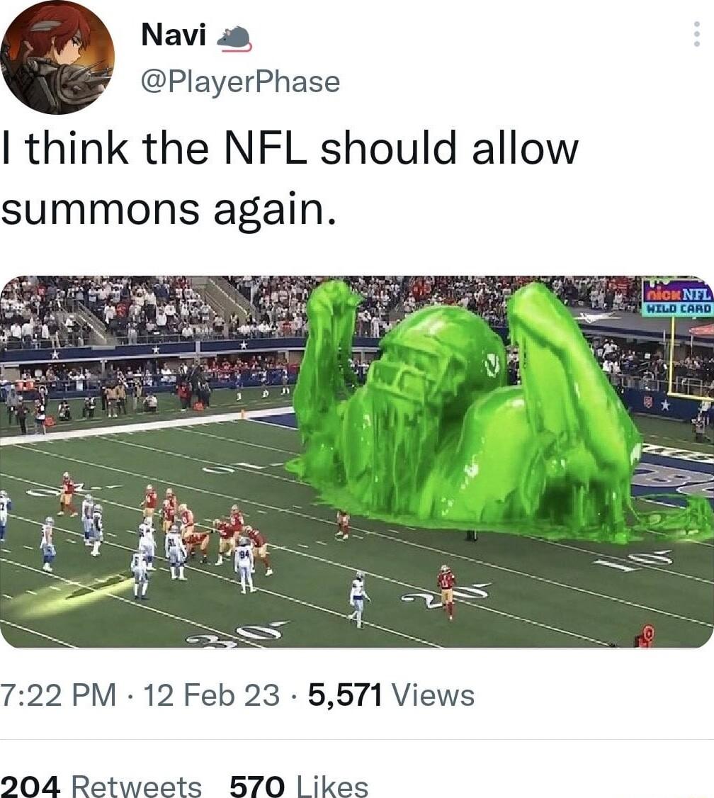 Navi 8 PlayerPhase think the NFL should allow summons again 722 PM 12 Feb 23 5571 Views 204 Retweets B70 ikes
