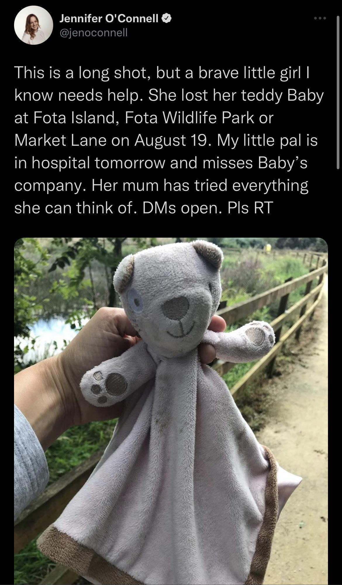 Jennifer OConnell noconnell This is a long shot but a brave little girl know needs help She lost her teddy Baby at Fota Island Fota Wildlife Park or Market Lane on August 19 My little pal is in hospital tomorrow and misses Babys company Her mum has tried everything she can think of DMs open Pls RT