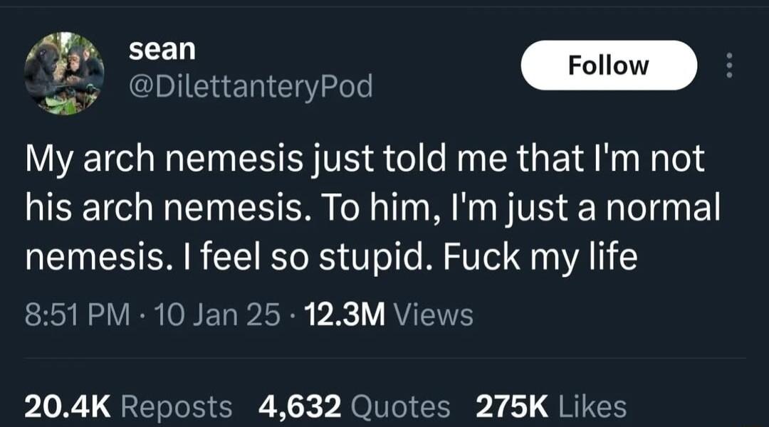 o Folow Foll DilettanteryPod otatl o My arch nemesis just told me that Im not his arch nemesis To him Im just a normal nemesis feel so stupid Fuck my life 851PM 10 Jan 25 123M Views 204K Reposts 4632 Quotes 275K Likes