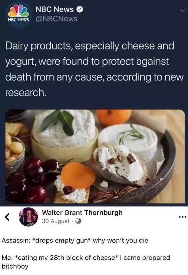 Dairy products especially cheese and yogurt were found to protect against death from any cause according to new CEEE e P Q Walter Grant Thornburgh August Assassin drops empty gun why wont you die Me eating my 28th block of cheese came prepared bitchboy