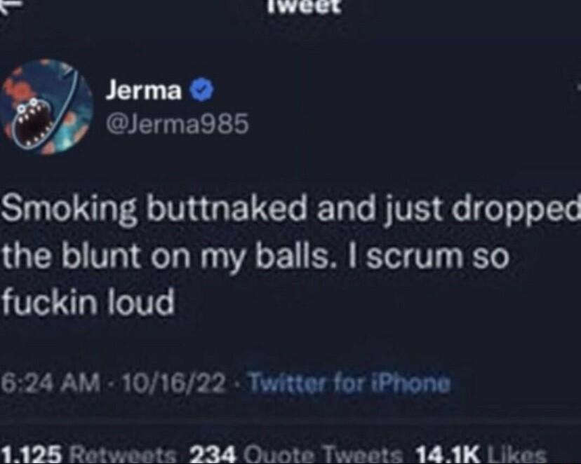 T3 Iwees pre o Jerma G EEE Smoking buttnaked and just dropped the blunt on my balls scrum so fuckin loud 624 AM 101622 Twitter for iPhone RV i T a7y e
