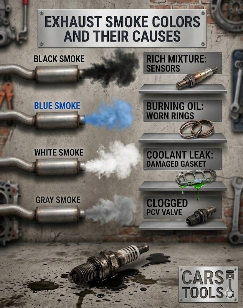 EXHAUST SMOKE COLORS AND THEIR CAUSES. BLACK SMOKE: RICH MIXTURE, SENSORS. BLUE SMOKE: BURNING OIL, WORN RINGS. WHITE SMOKE: COOLANT LEAK, DAMAGED GASKET. GRAY SMOKE: CLOGGED PCV VALVE. CARS TOOLS.