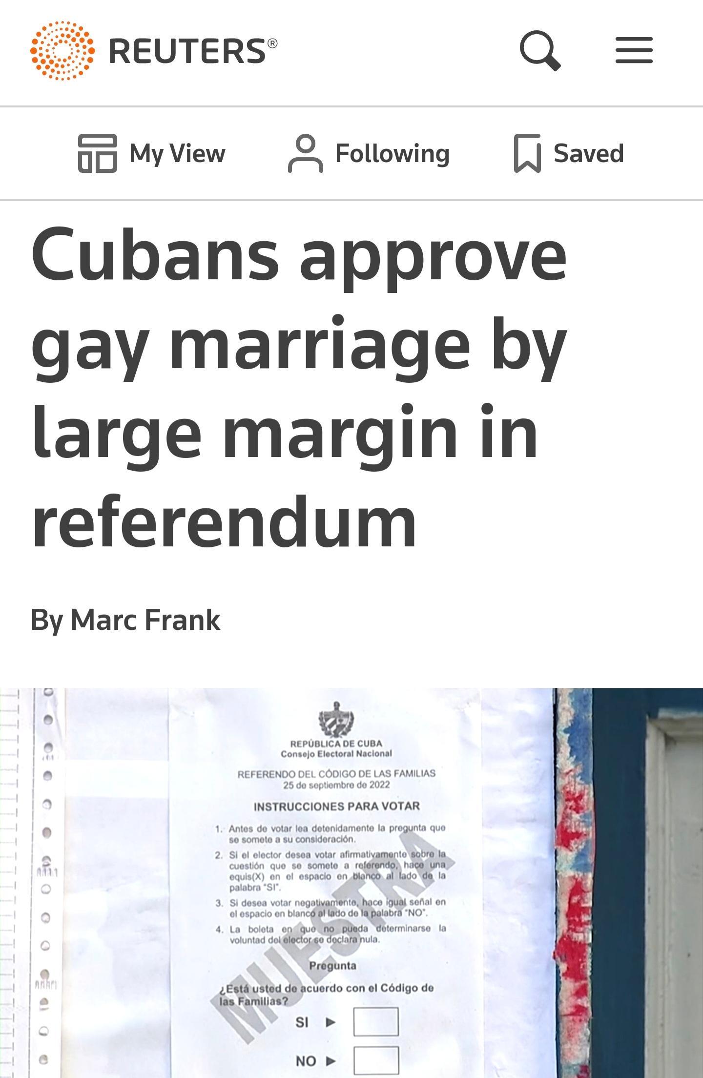 REUTERS Q G0 Myview 2 Following Saved Cubans approve gay marriage by large margin in referendum By Marc Frank