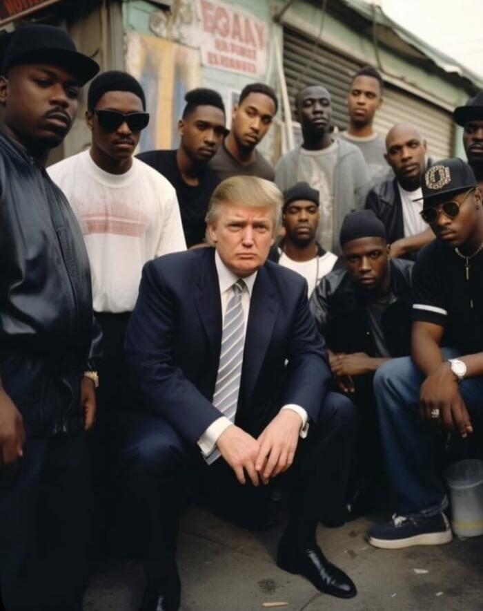 An image featuring Donald Trump in a suit, squatting among a group of young Black men in an urban setting. The image appears to be a meme or a manipulated photo.