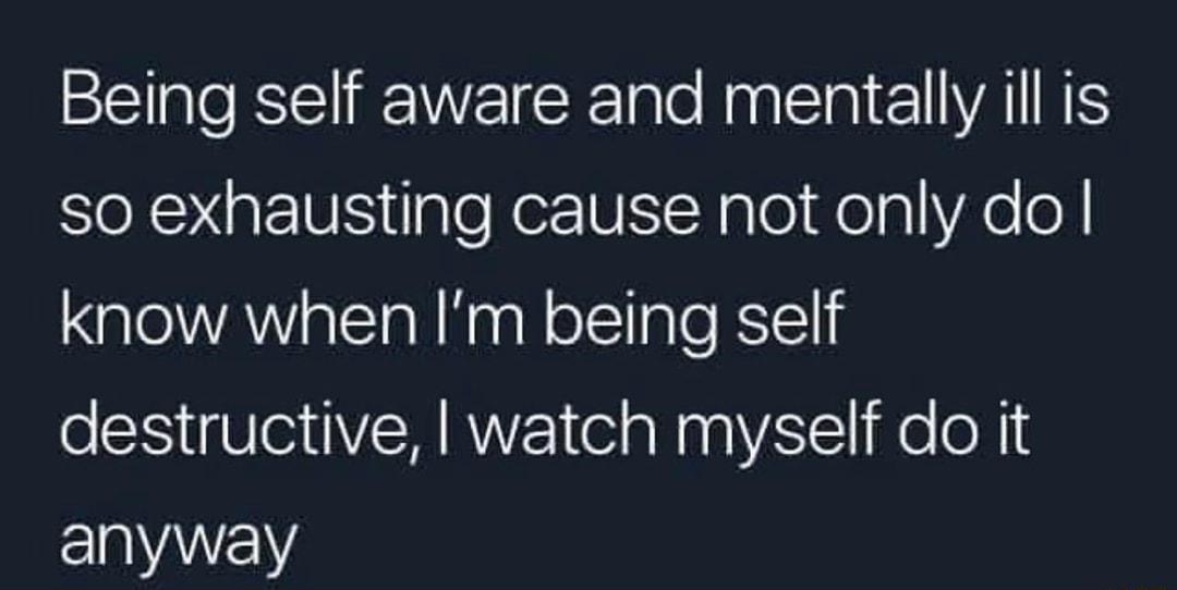 Being self aware and mentally ill is SXGENR ilglofeVEI NglofelalXe o know when Im being self destructive watch myself do it anyway