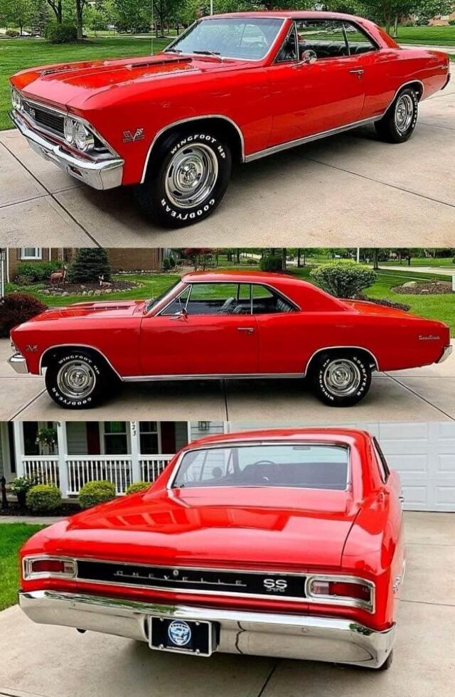 Three-view of a red 1966 Chevrolet Chevelle SS 396 classic muscle car.